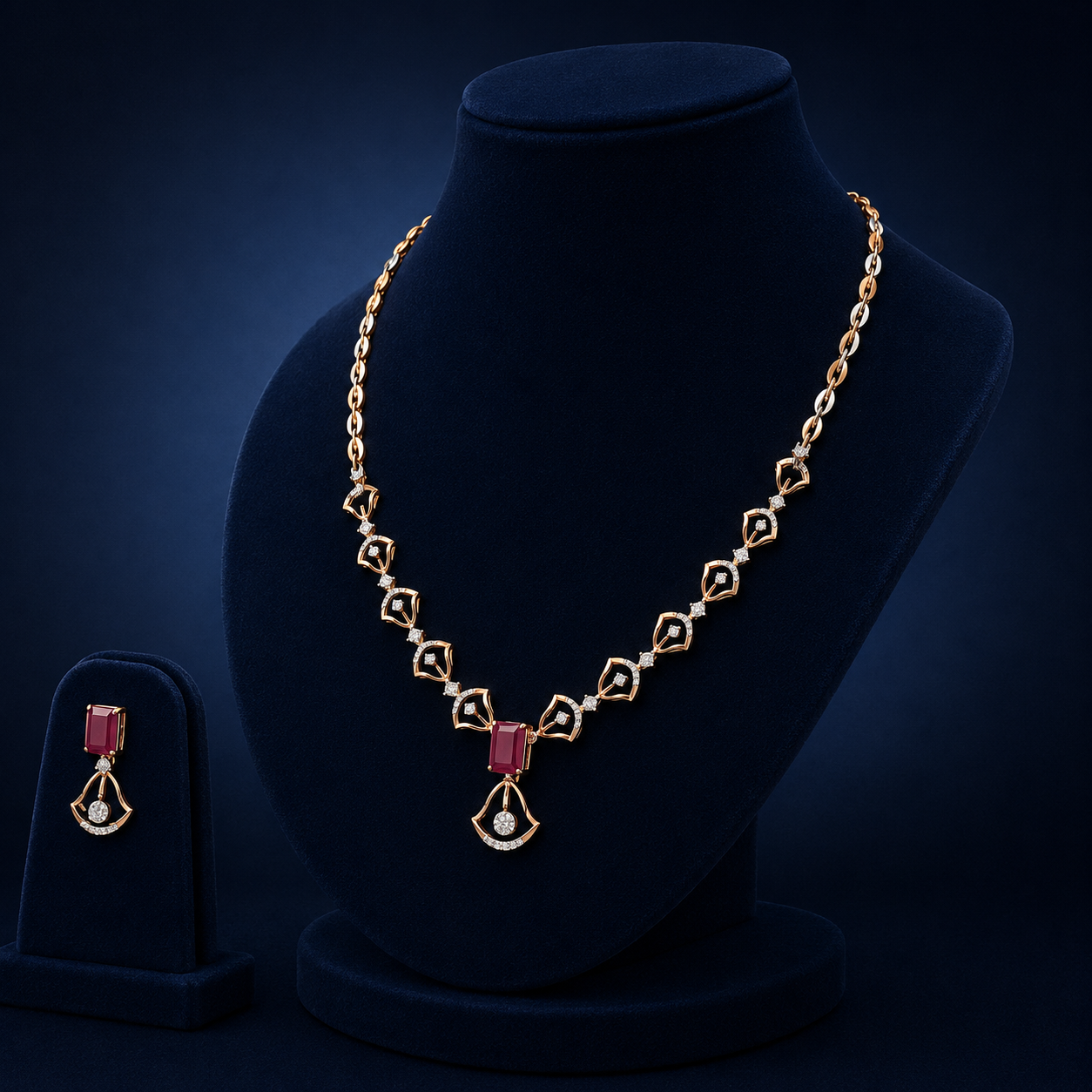 Elegant Rose Gold Natural Diamond Ruby Pendant Necklace Set