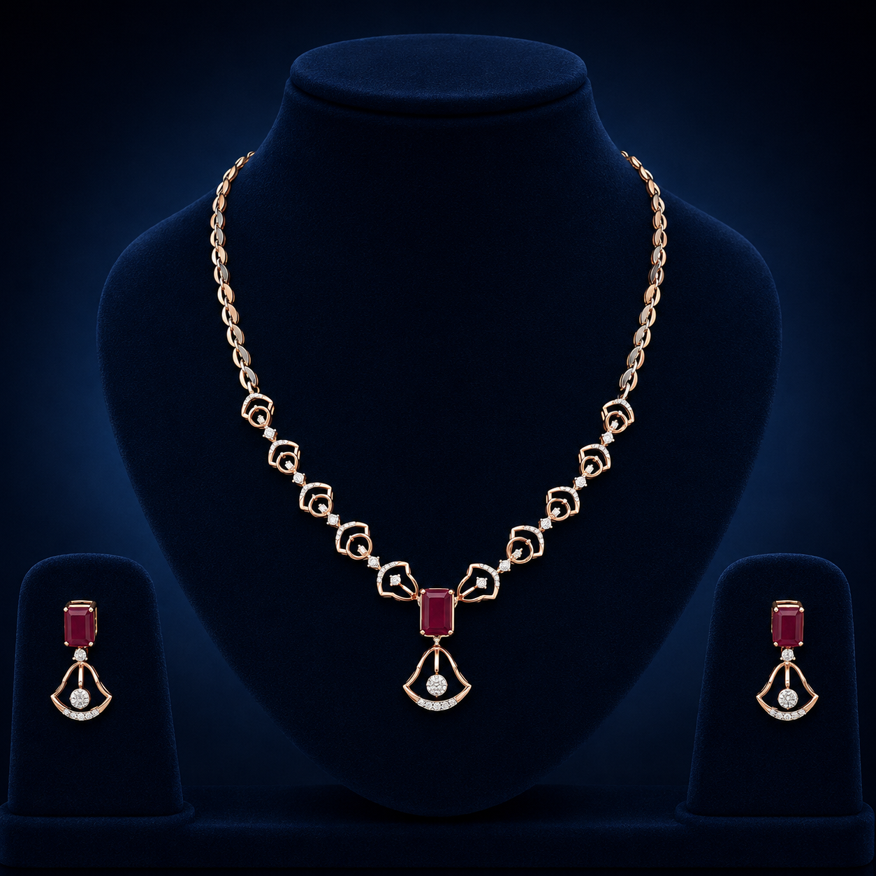 Elegant Rose Gold Natural Diamond Ruby Pendant Necklace Set
