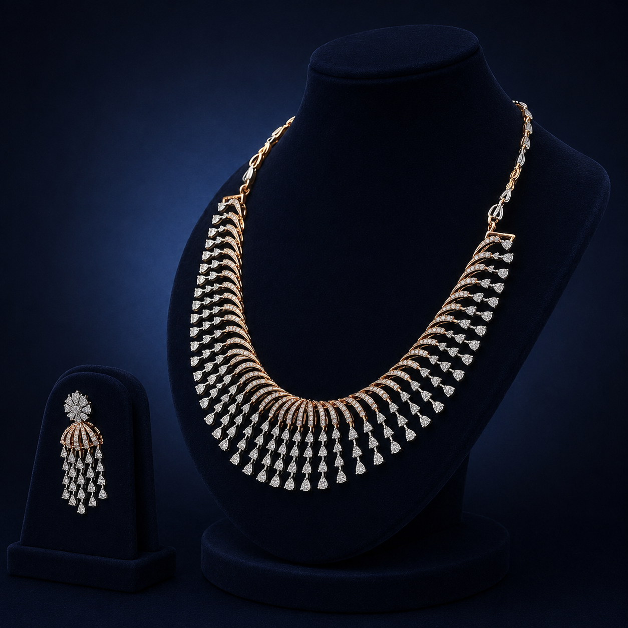 Elegant Rose Gold Natural Diamond Fringe Statement Necklace Set