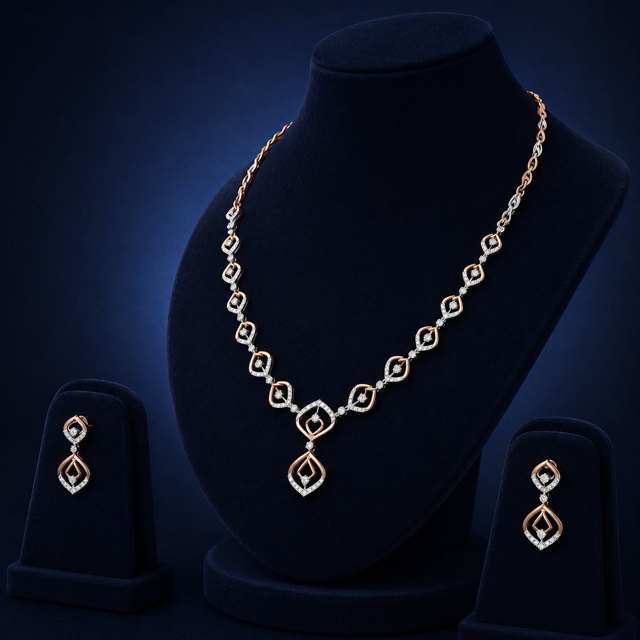 Elegant Rose Gold Natural Diamond Geometric Pendant Necklace Set