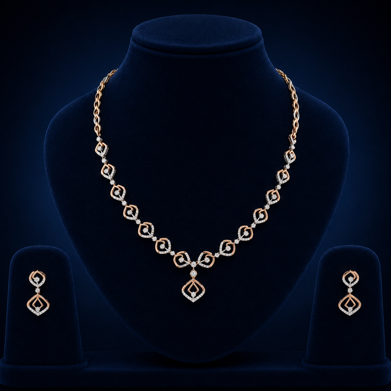 Elegant Rose Gold Natural Diamond Geometric Pendant Necklace Set