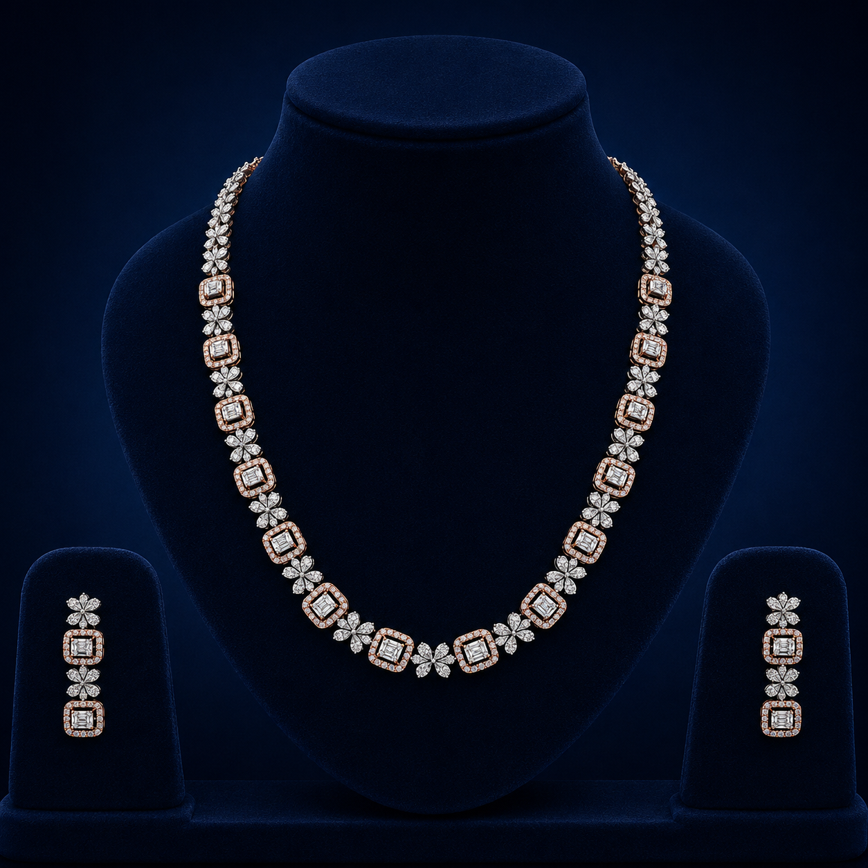 Elegant Rose Gold Natural Diamond Floral Link Necklace Set