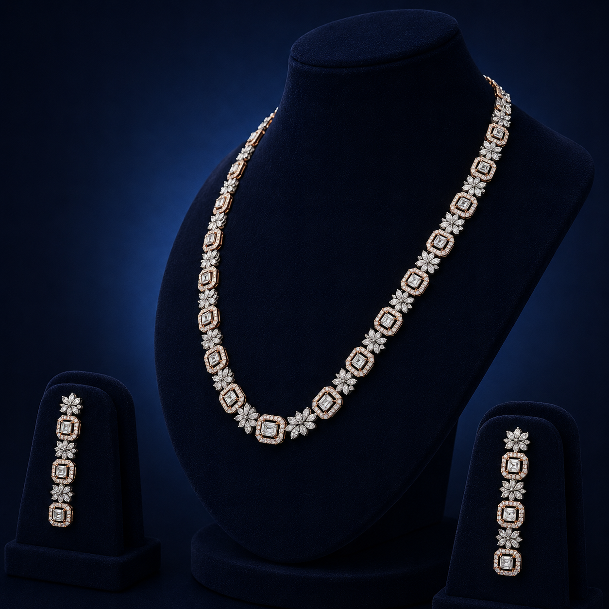 Elegant Rose Gold Natural Diamond Floral Link Necklace Set