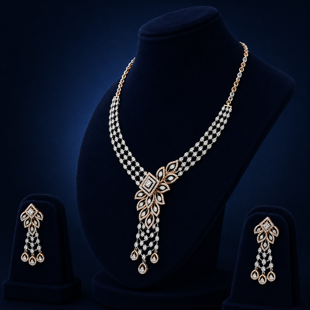 Elegant Rose Gold Natural Diamond Floral Cascade Necklace Set