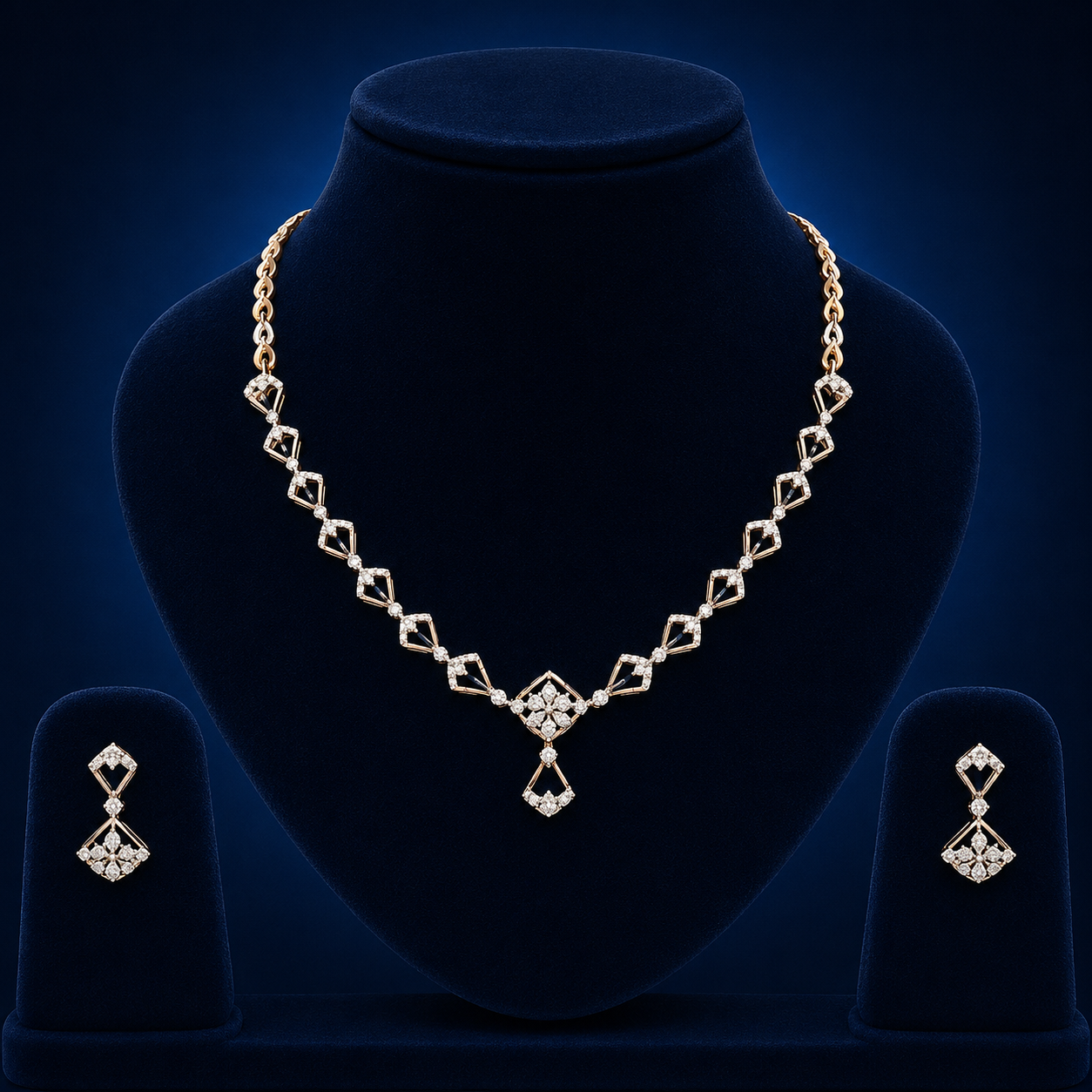 Elegant Rose Gold Natural Diamond Geometric Floral Necklace Set