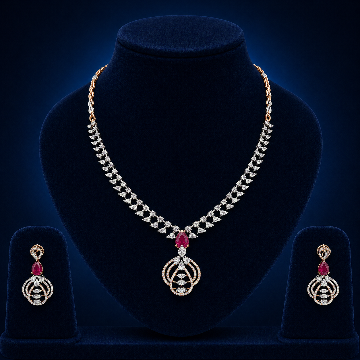 Elegant Rose Gold Natural Diamond Ruby Pendant Necklace Set