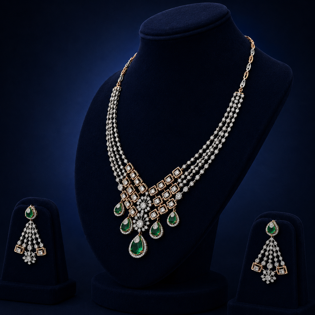 Elegant Rose Gold Natural Diamond Emerald Statement Necklace Set