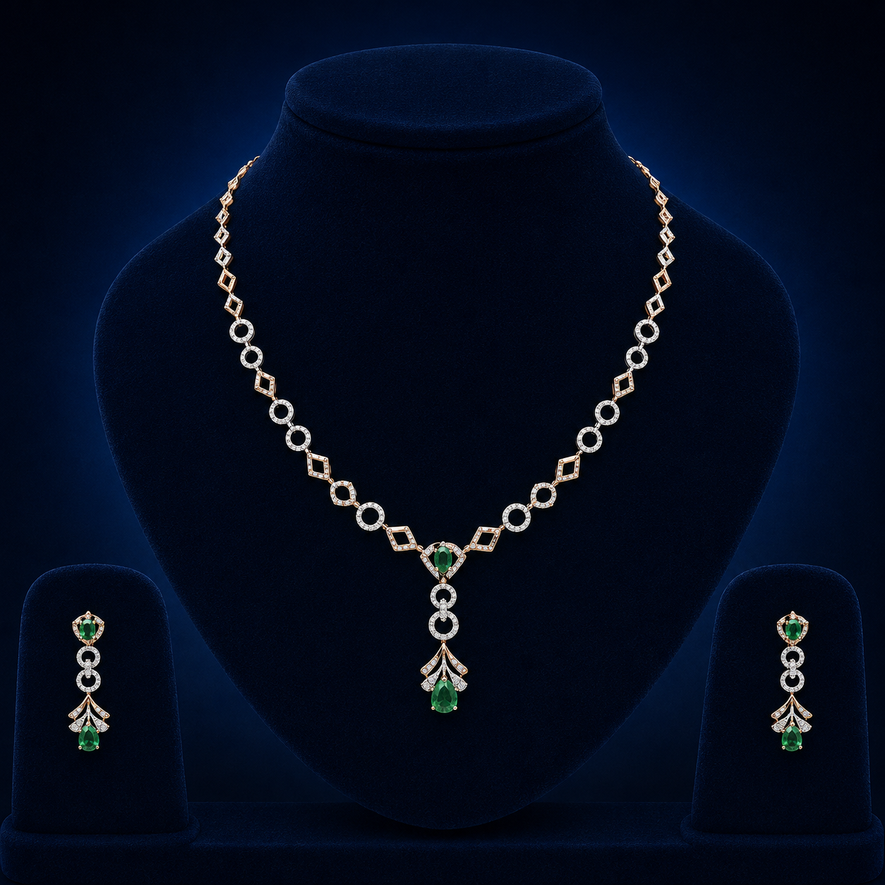 Emerald Drop Geometric Natural Diamond Necklace Set