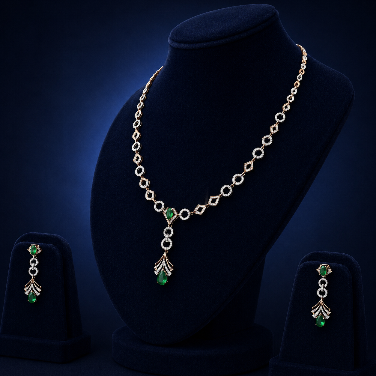 Emerald Drop Geometric Natural Diamond Necklace Set