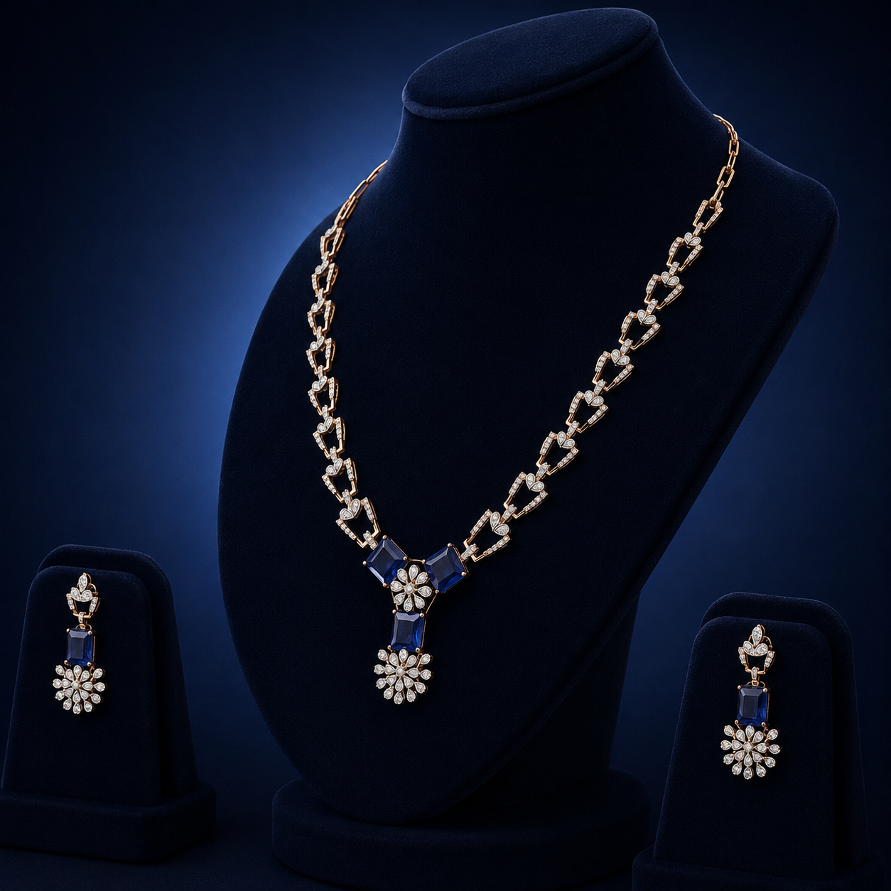 Royal Blue Sapphire Floral Natural Diamond Necklace Set