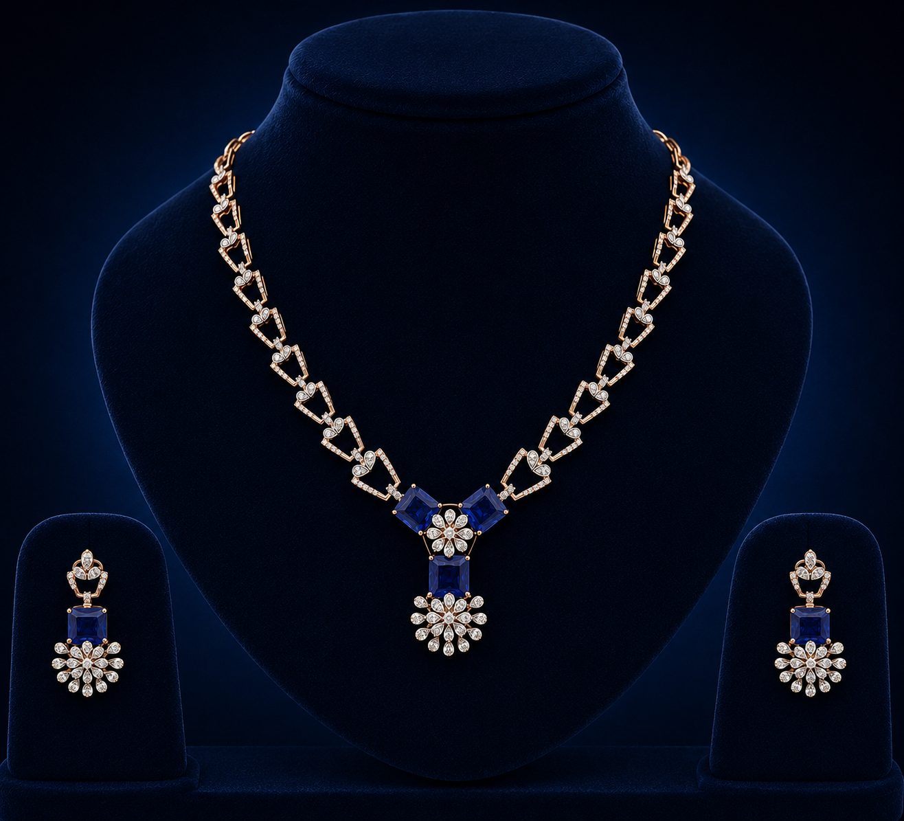 Royal Blue Sapphire Floral Natural Diamond Necklace Set