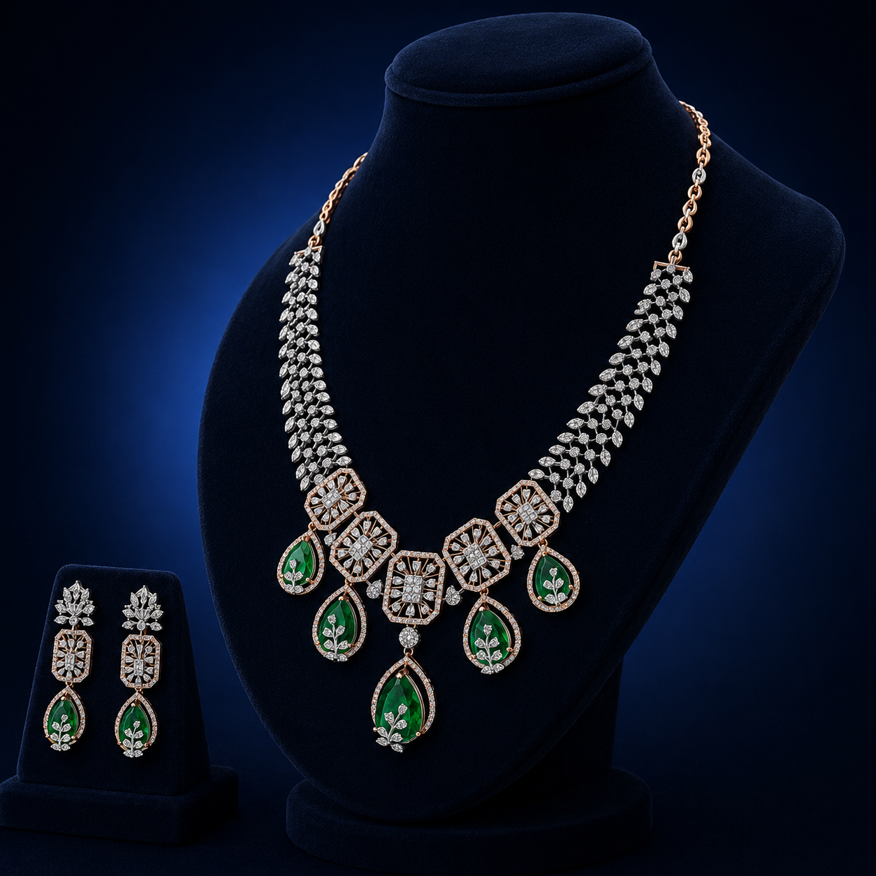 Royal Emerald Floral Natural Diamond Necklace Set