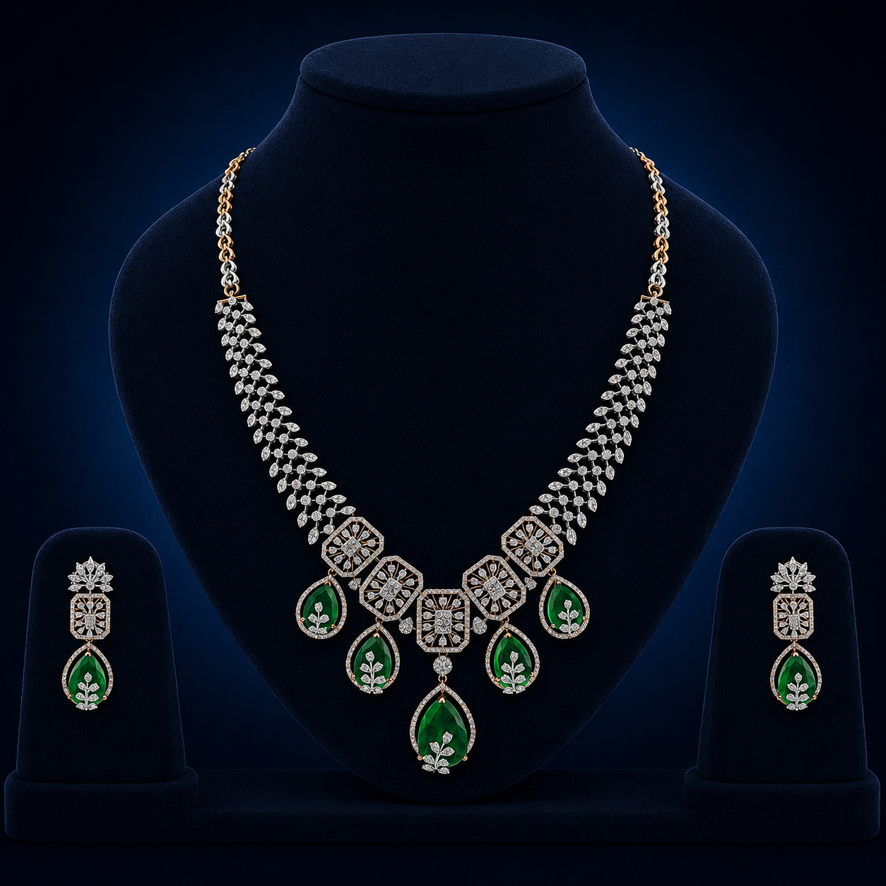 Royal Emerald Floral Natural Diamond Necklace Set