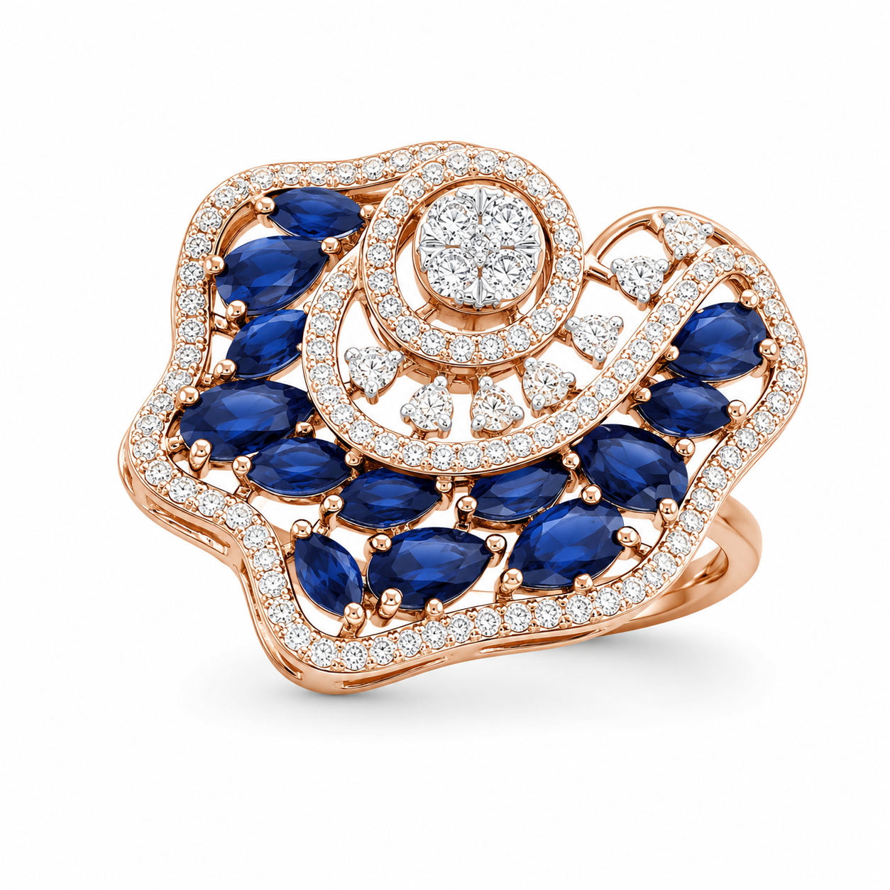 Natural Diamond Blue Sapphire Floral Designer Ring