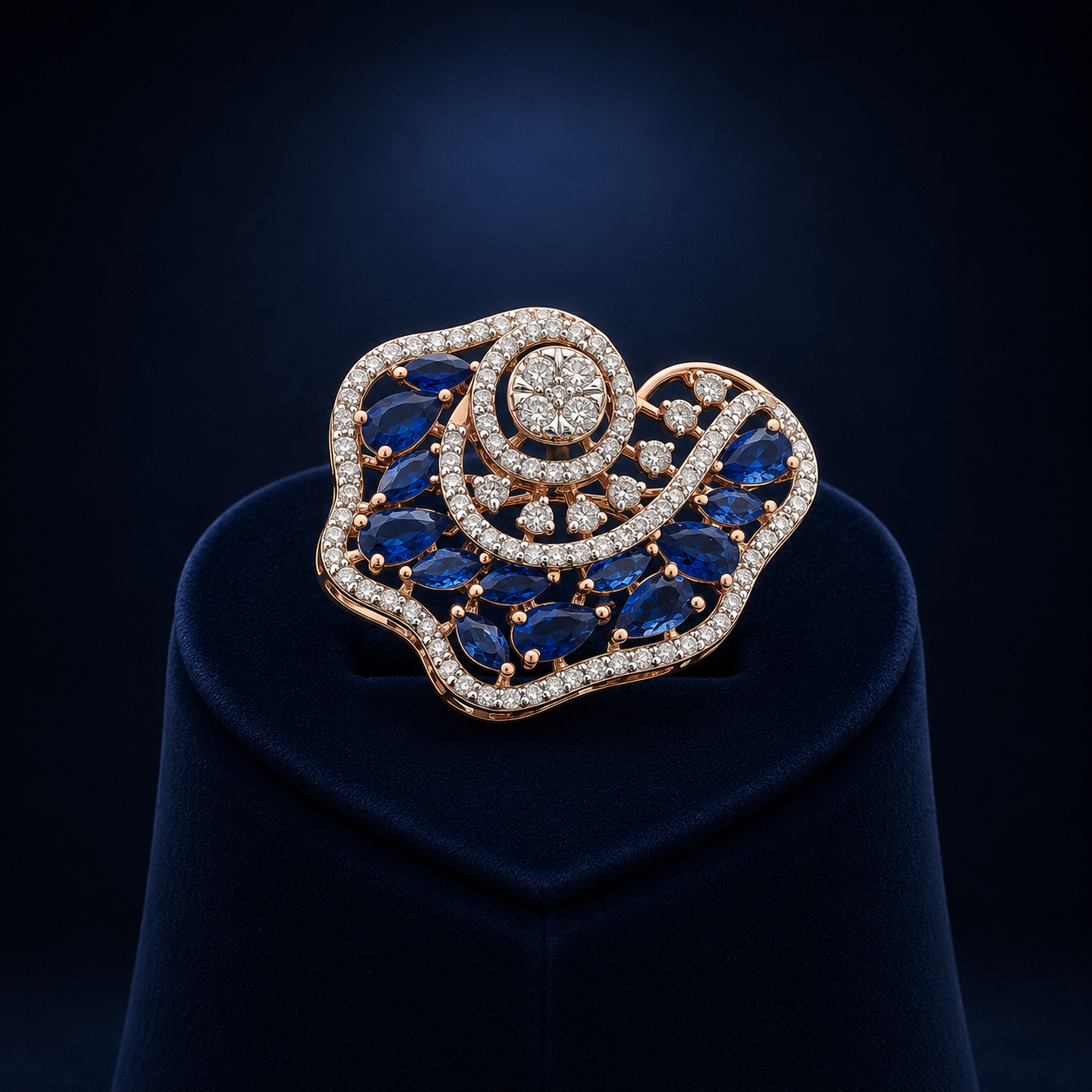 Natural Diamond Blue Sapphire Floral Designer Ring