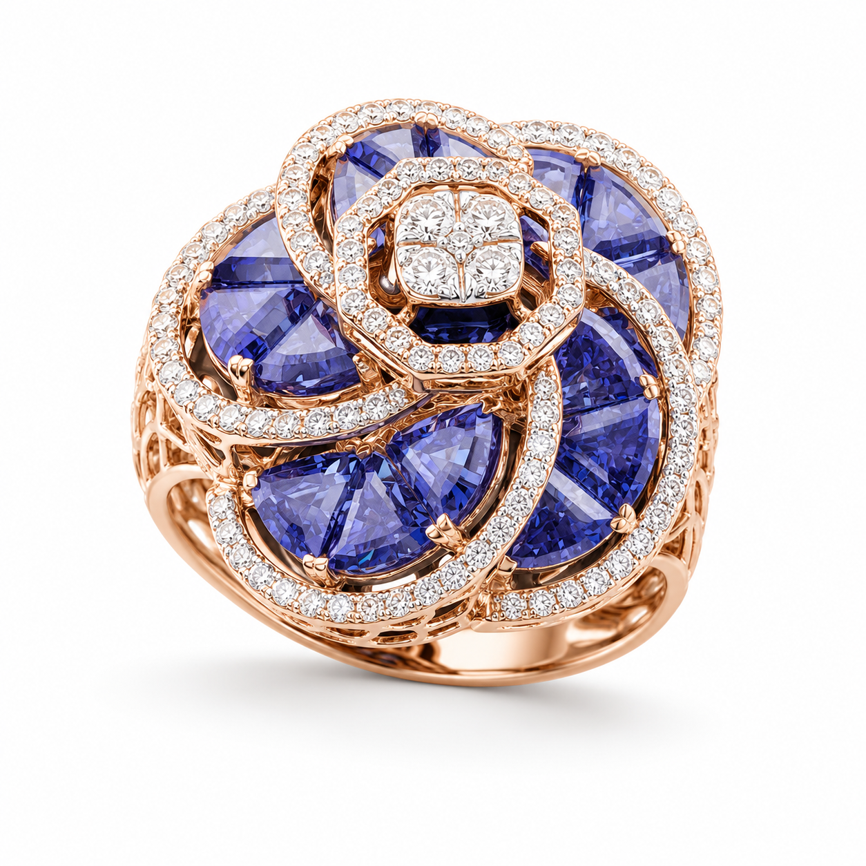 Natural Diamond Blue Sapphire Floral Statement Ring