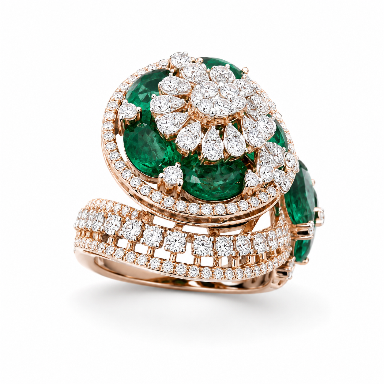 Natural Diamond Emerald Floral Statement Ring