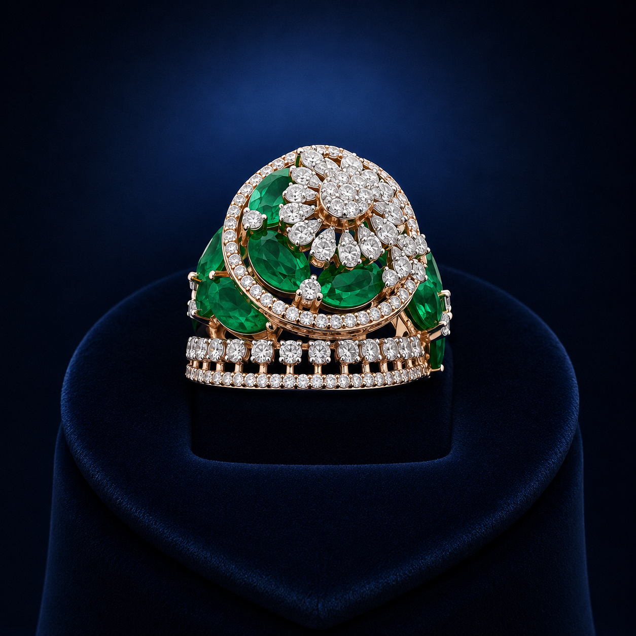 Natural Diamond Emerald Floral Statement Ring