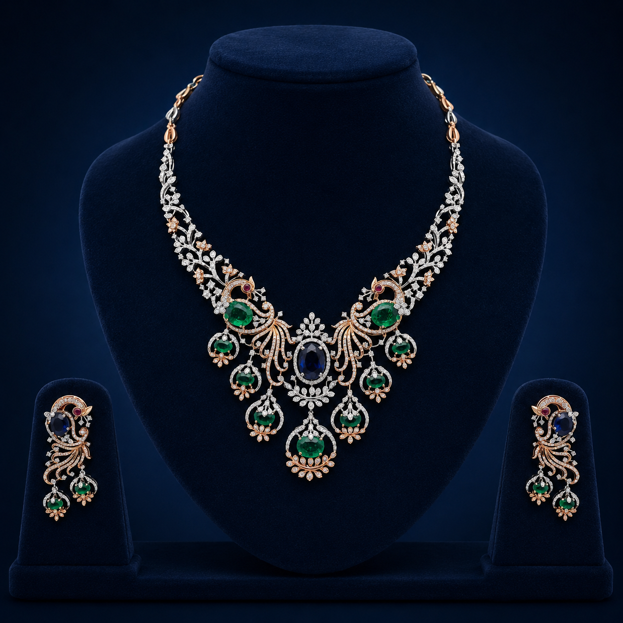 Royal Rose Gold Natural Diamond Emerald & Blue Sapphire Necklace Set