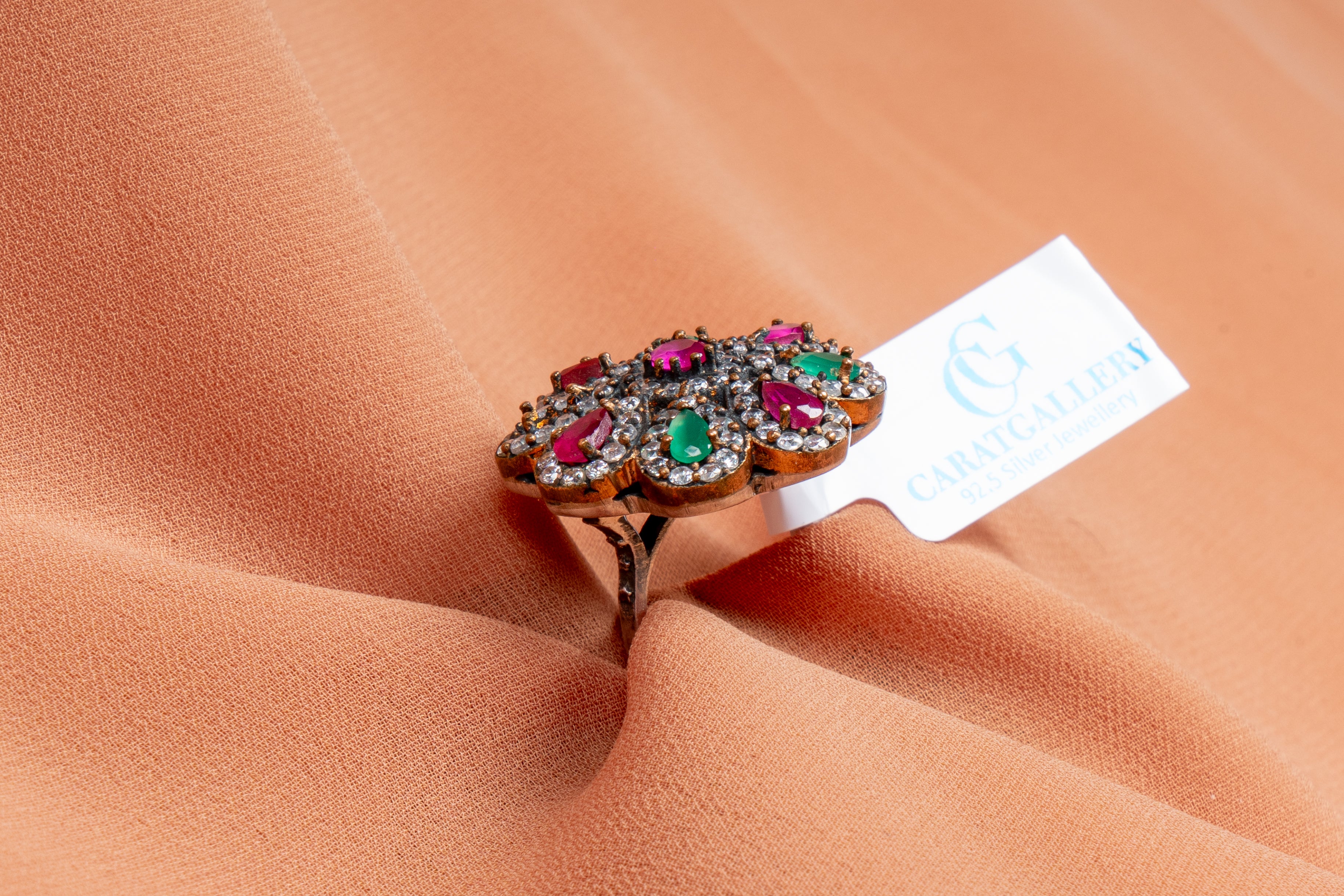 Zarina Antique Ruby & Emerald Flower Ring