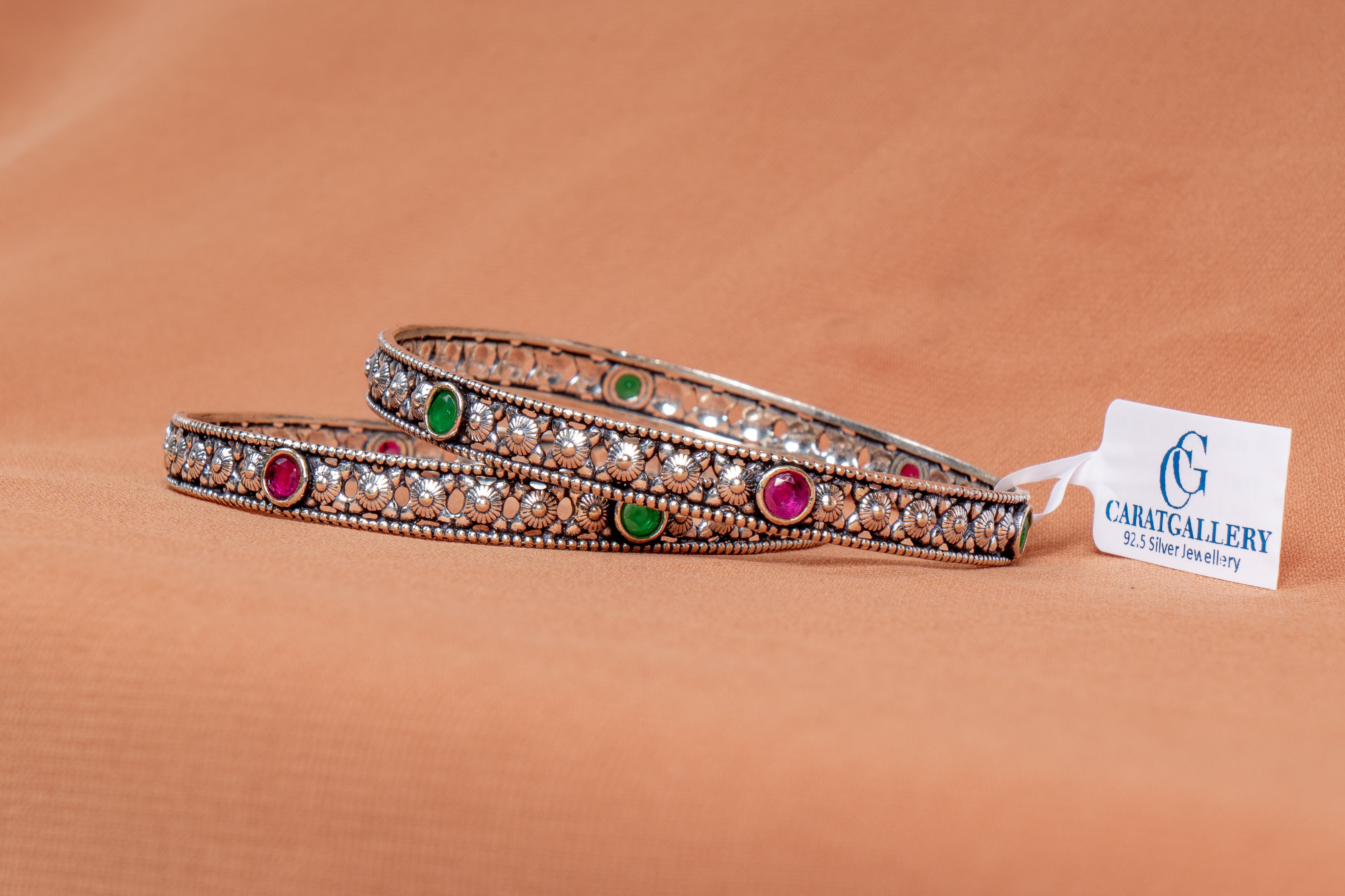 Emerald Ruby Floral Silver Bangles
