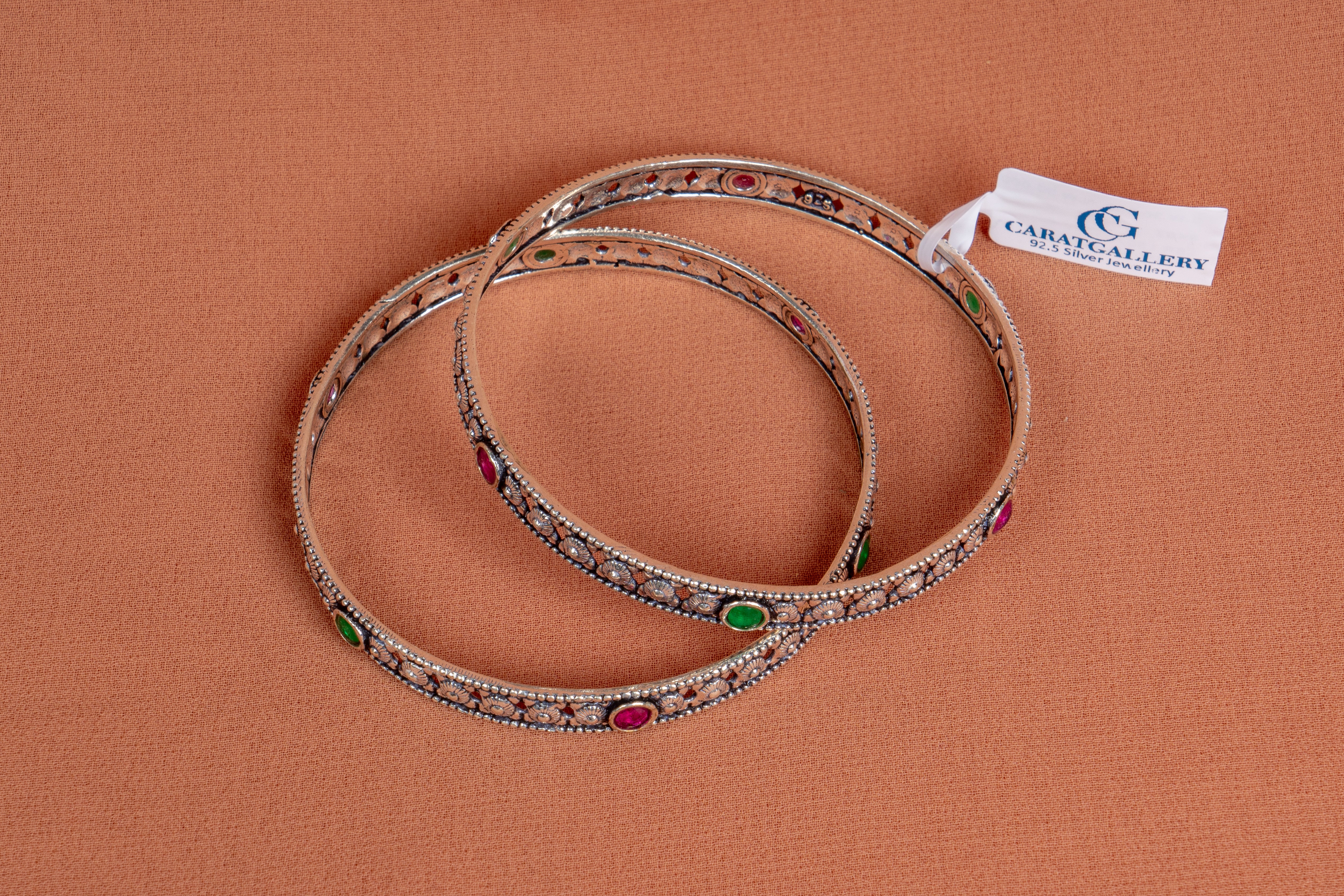 Emerald Ruby Floral Silver Bangles