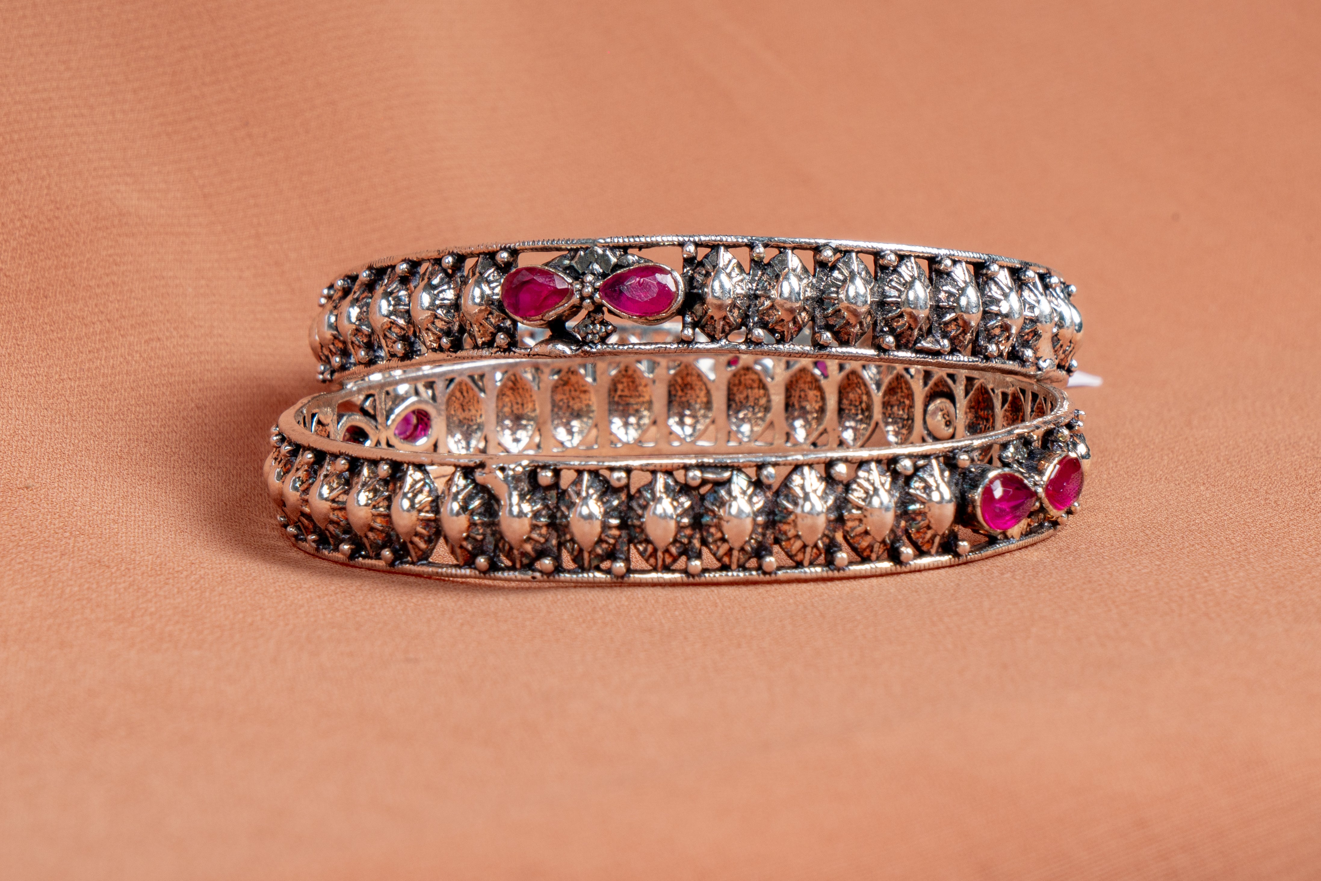 Ruby Bloom Oxidised Silver Bangles