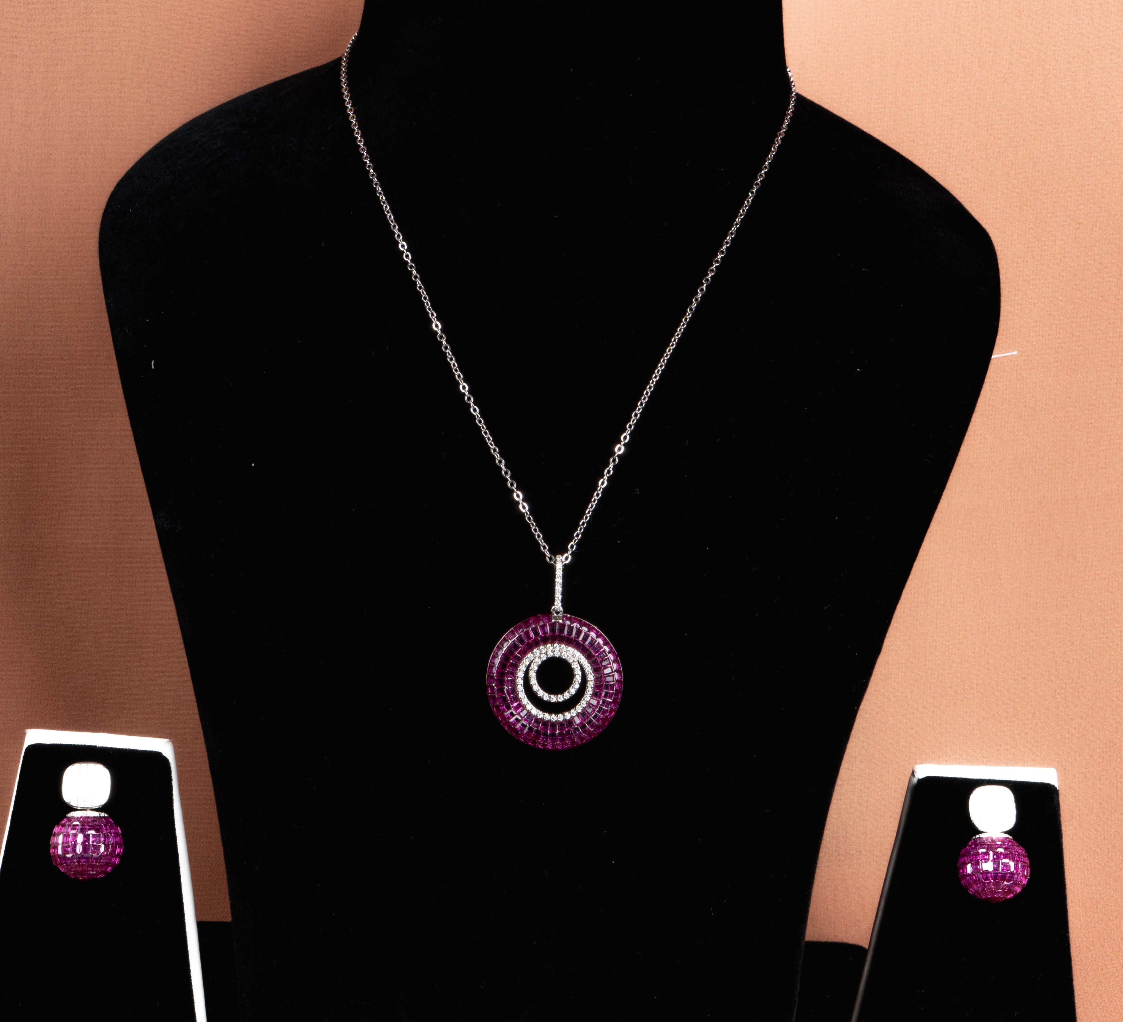 Miravelle Ruby Halo Necklace and Earrings Set