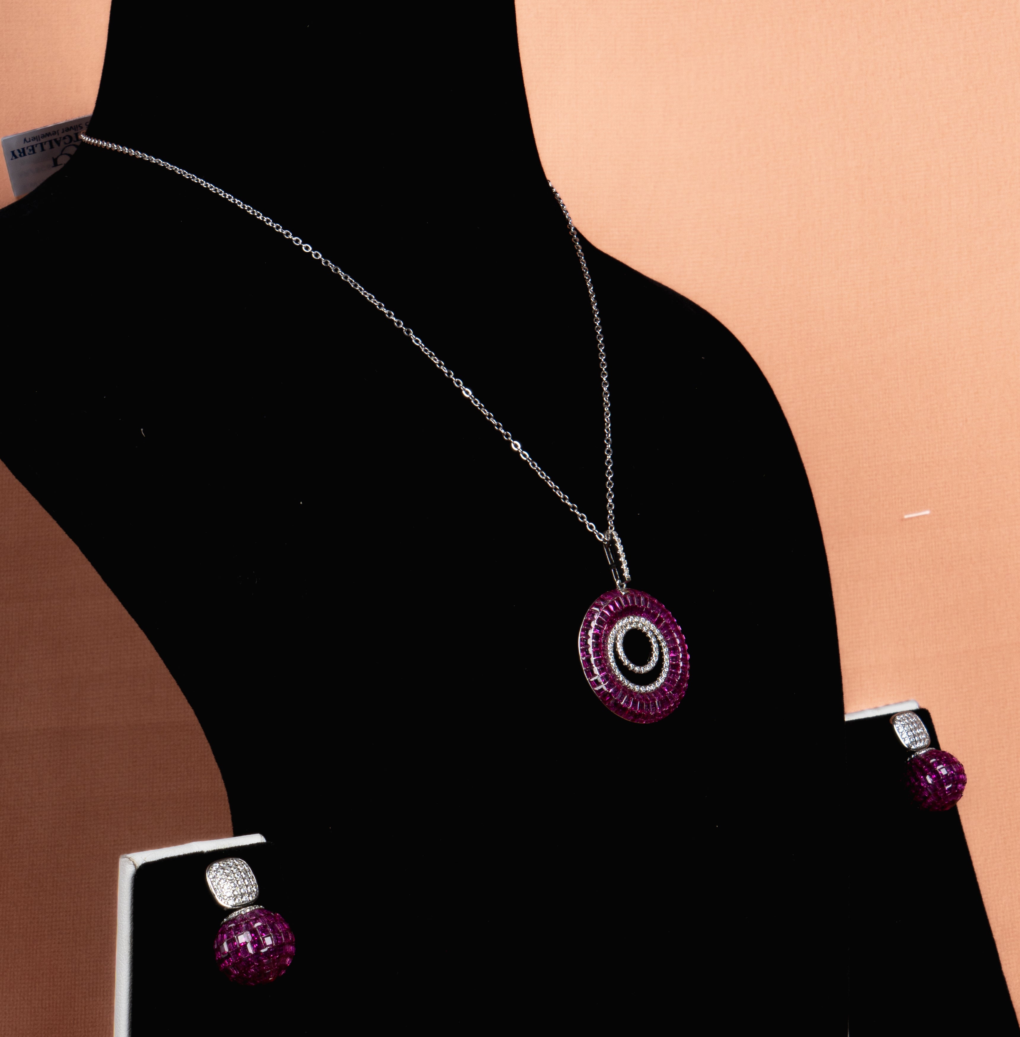 Miravelle Ruby Halo Necklace and Earrings Set