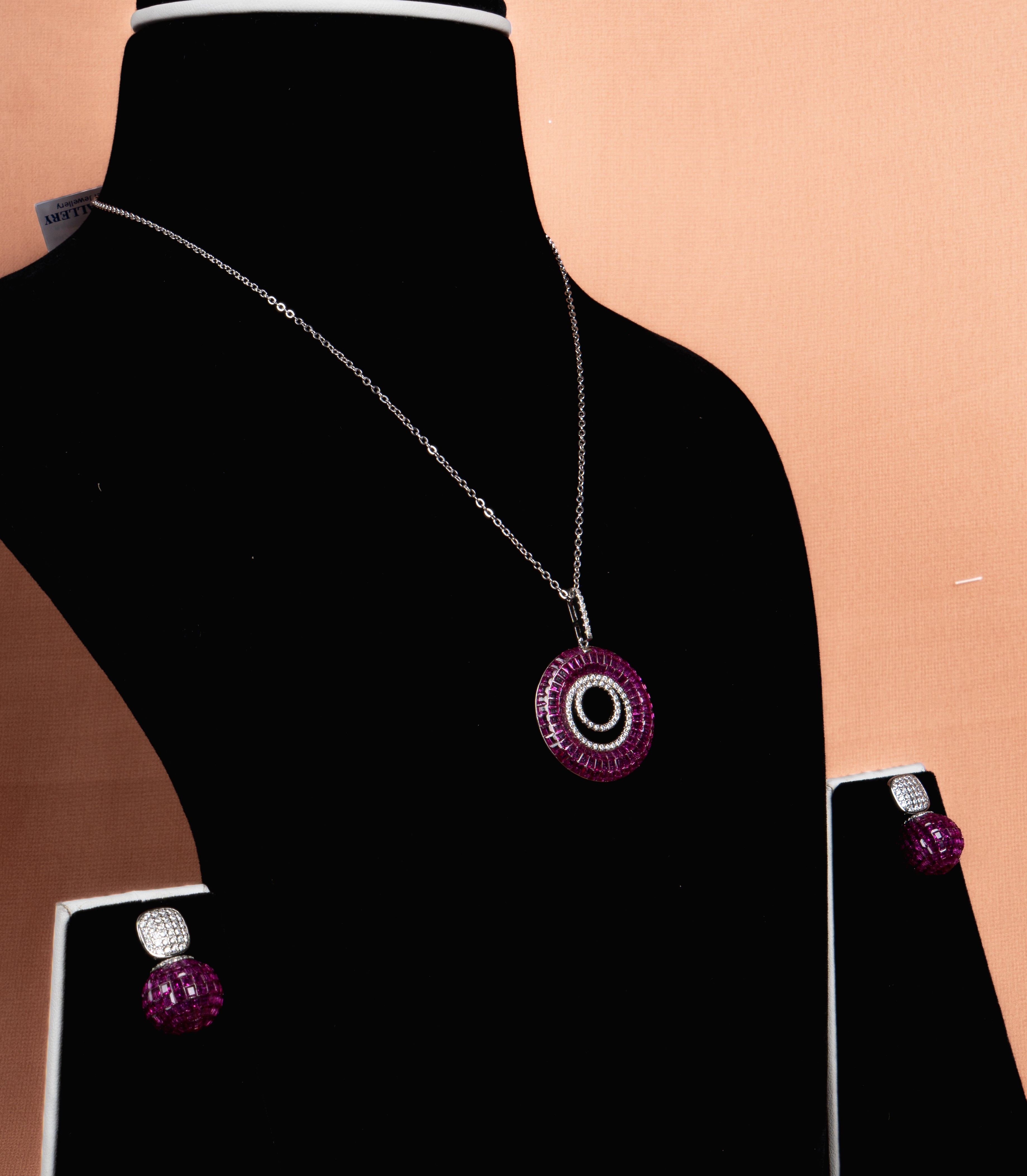 Miravelle Ruby Halo Necklace and Earrings Set