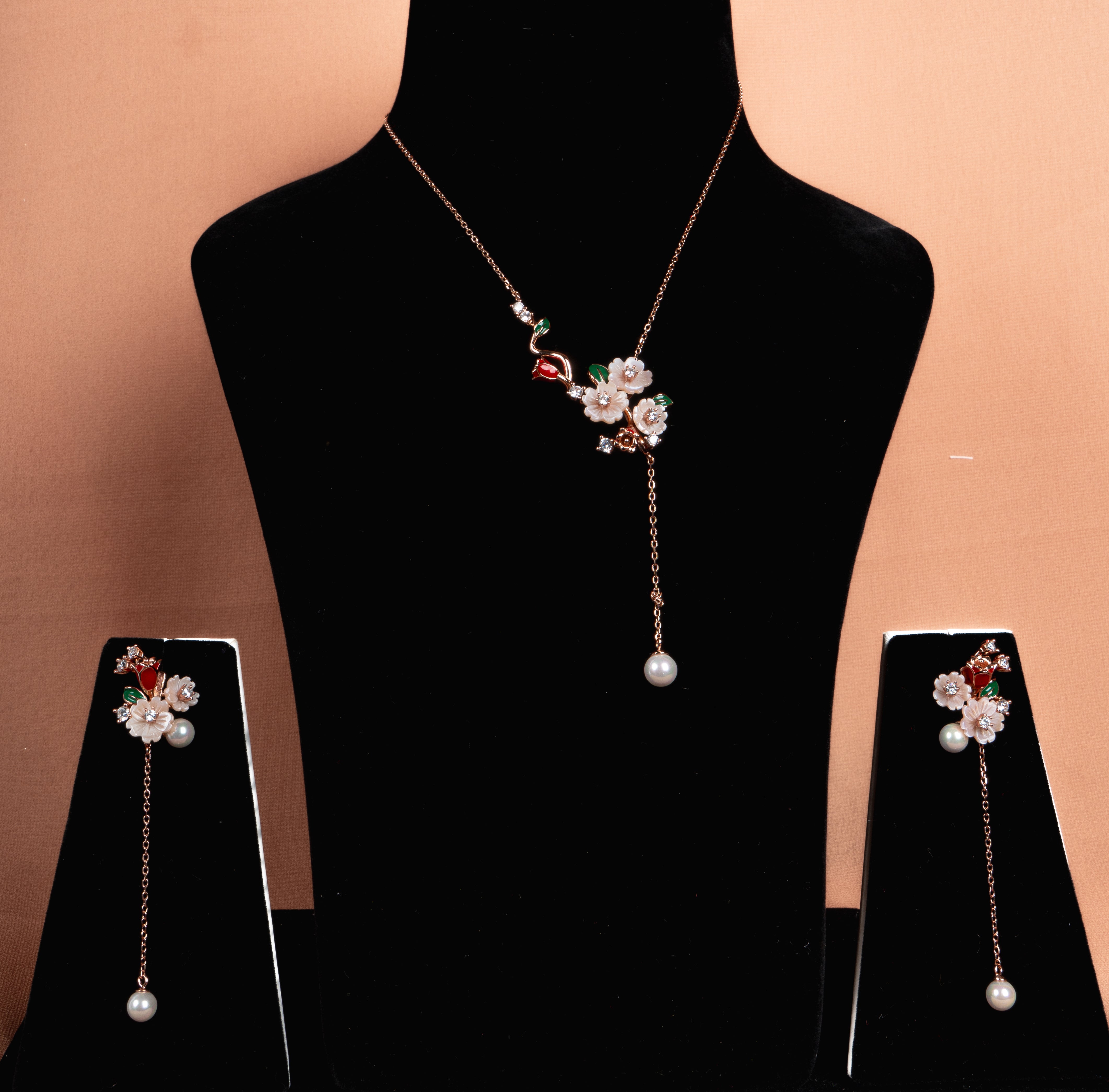 Blossom Pearl Drop Necklace and Earrings Set