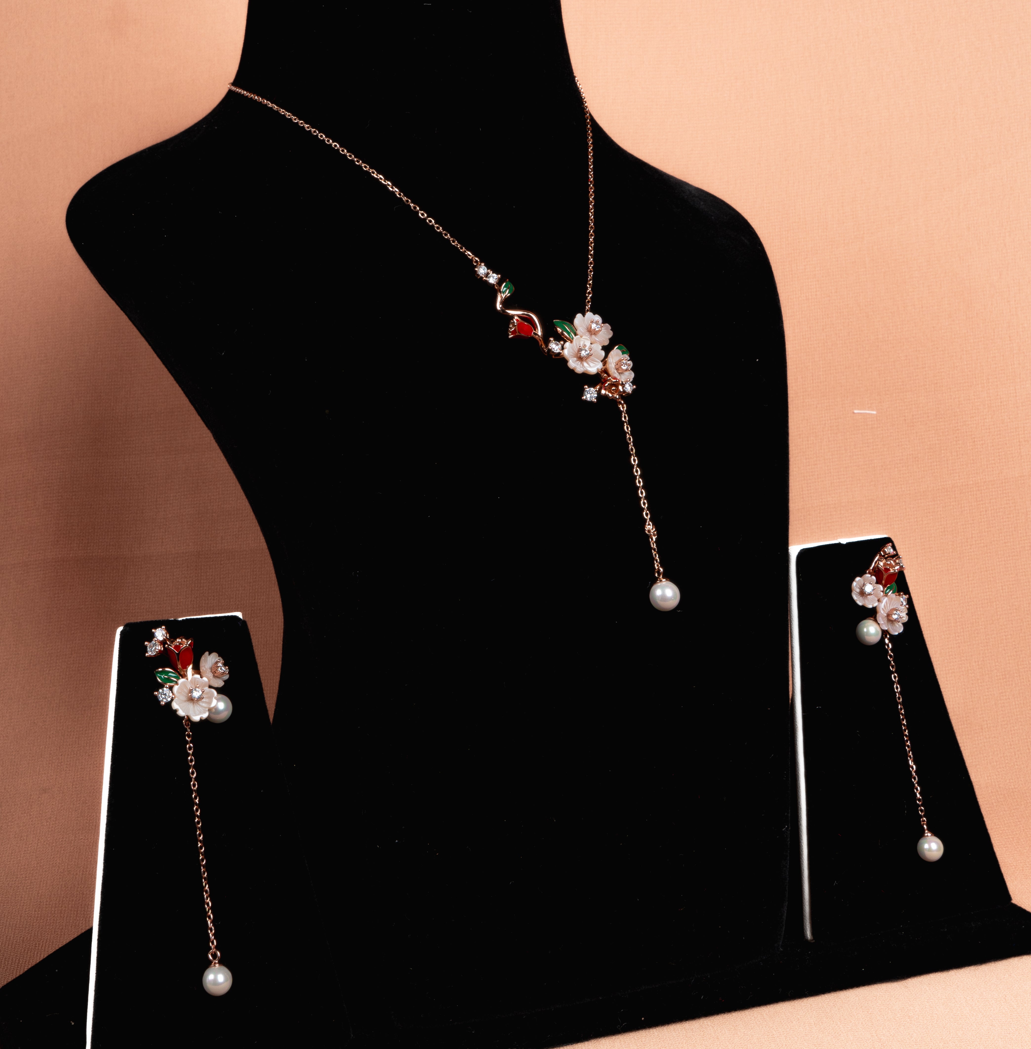 Blossom Pearl Drop Necklace and Earrings Set