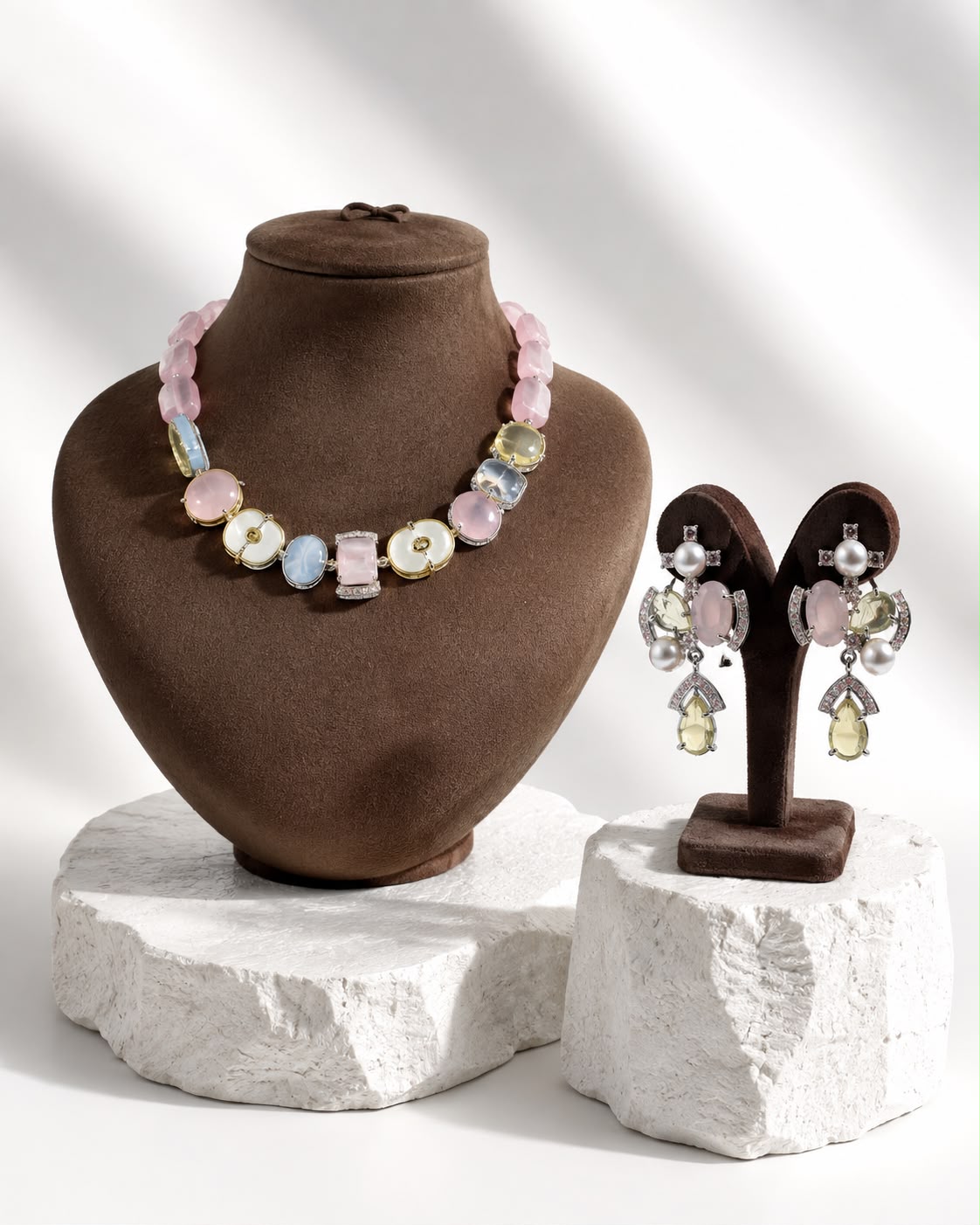 Pastel Real Gemstone 925 Sterling Silver Necklace Set