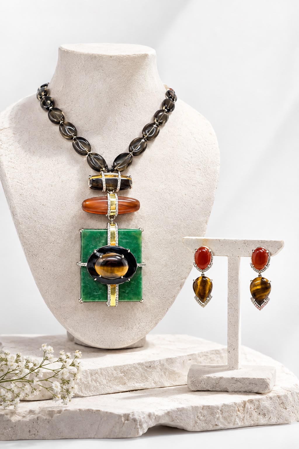 Smoky Real Quartz Tiger Eye Statement Necklace Set